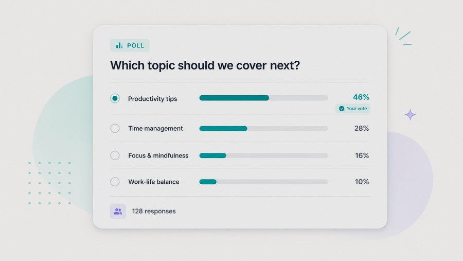 QuizMaker poll with single-choice responses, option percentages, respondent count, and poll analytics