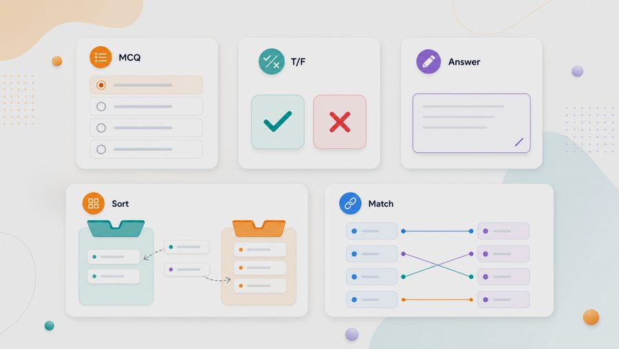 QuizMaker question formats: MCQ, true false, subjective answers, categorise, and match pairs