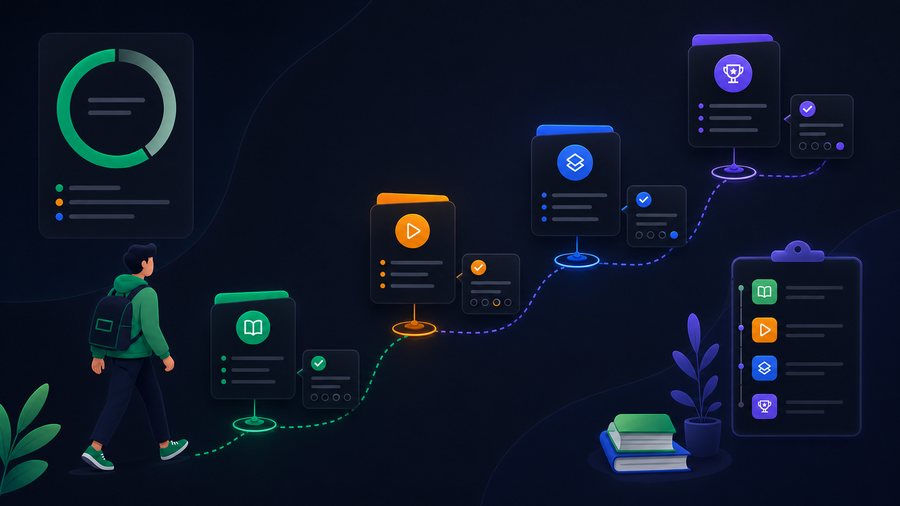 QuizMaker course path with chapters, linked quizzes, progress, and study checkpoints
