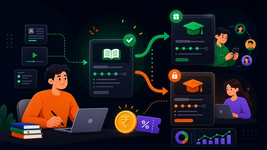 QuizMaker free and paid study course access with premium resources, rupee badge, coupon, and learner progress