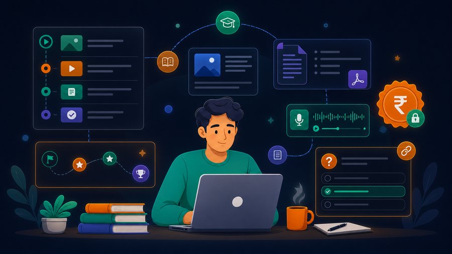 Creator publishing study courses, blogs, notes, podcasts, linked quizzes, and paid learning paths on QuizMaker
