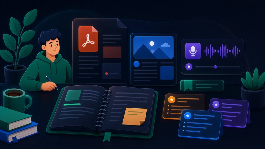 QuizMaker study resource library with blogs, PDF notes, revision cards, and podcast audio